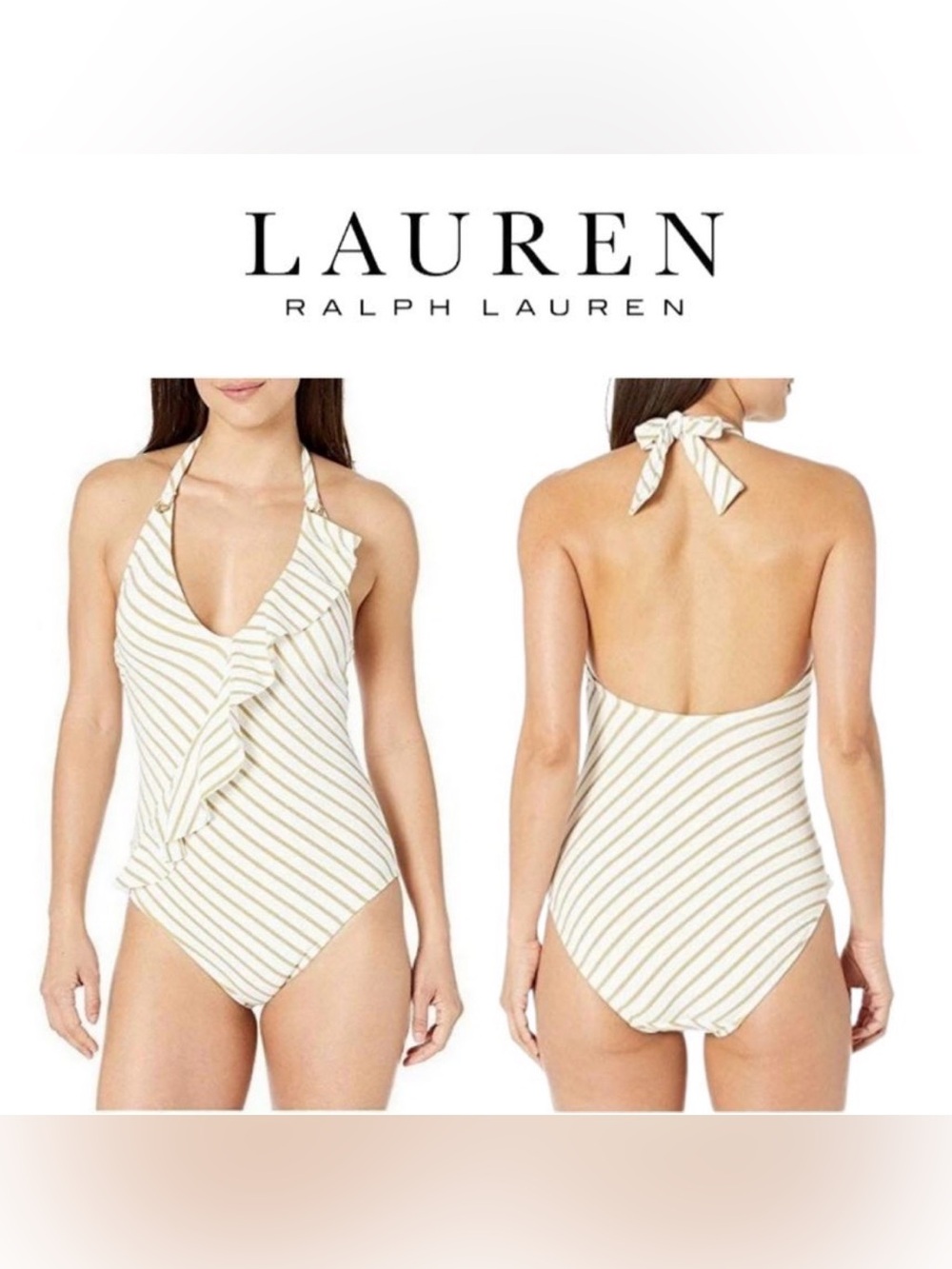 Lauren Ralph Lauren Cream & Gold Stripe Ruffle Halter One-Piece - 6
